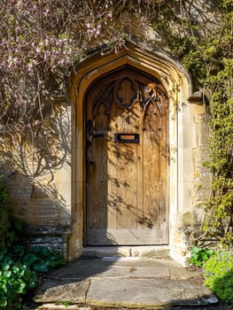 Entrance to a historic manor, framed by antique architectural elements and flanked by potted topiaries, features an aged door, the surrounding ivy and stonework add to the timeless elegance of the property