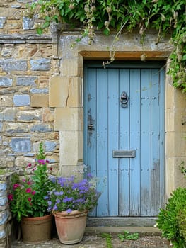 Entrance to a historic manor, framed by antique architectural elements and flanked by potted topiaries, features an aged door, the surrounding ivy and stonework add to the timeless elegance of the property