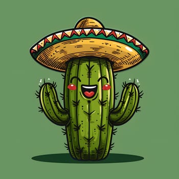 A cheerful cartoon cactus in a sombrero smiling, depicted in a painting with vibrant colors. The whimsical illustration is perfect for drinkware or serveware designs