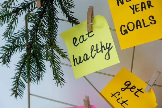 EAT HEALTHY goal on Dream board promises and aims. Preparation for new year new life new me. Visualizing wish list for 2025. Dreams plan action resolutions for coming year. Inspirational self improvement concept