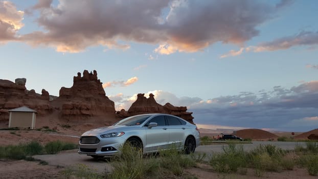 Sunset at Goblin Valley State Park Campground in Utah, Southwestern Landscape . High quality photo