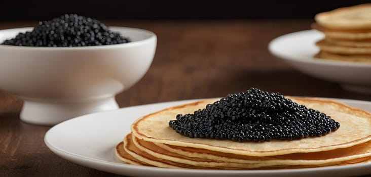 Pancakes with caviar for breakfast highlight luxury morning meal. Golden stack topped with black caviar, served on wooden plate, captures indulgent experience