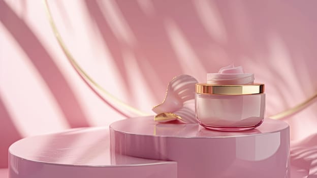 Cosmetic cream in a glass jar on a pink background. Skin care concept. Backdrop for beauty products