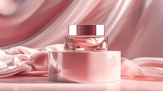 Cosmetic cream in a glass jar on a pink background. Skin care concept. Backdrop for beauty products