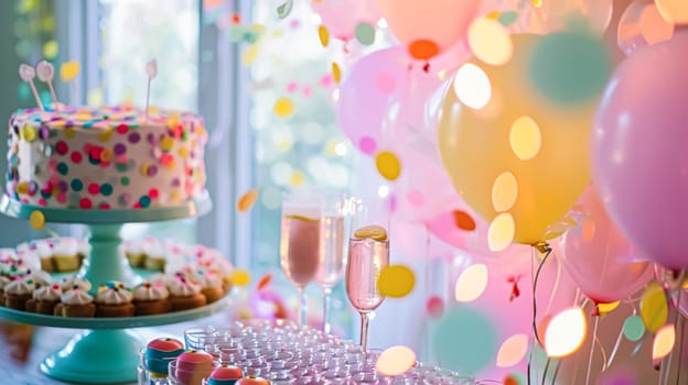 Birthday table decoration with sweets, flowers, candles and pink balloons. Selective focus