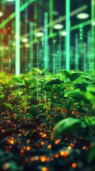 Young plants illuminated by digital data streams, blending technology and agriculture