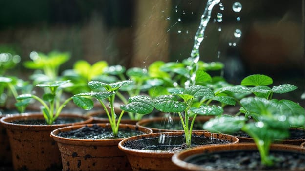 Watering young plants in pots, droplets on seedling leaves