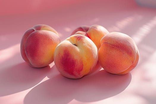 Four ripe appetizing peaches on a pink background with sunlight.