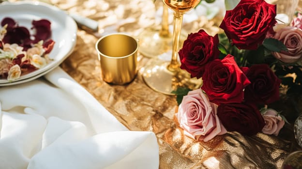 Wedding and event celebration tablescape with flowers, formal dinner table setting with roses and wine, elegant floral table decor for dinner party and holiday decoration, home styling idea