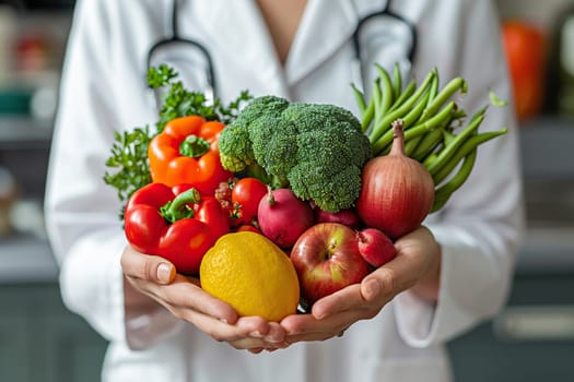 A doctor in a white coat with a stethoscope around his neck holds a bunch of fruits and vegetables in his hands. Nutrition food for good health.