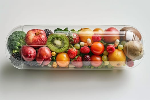 Health capsule. Transparent capsule with fruits and vegetables inside. Dietary supplements concept.