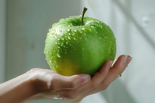 Hand holds out a beautiful green apple on a white background, healthy eating concept