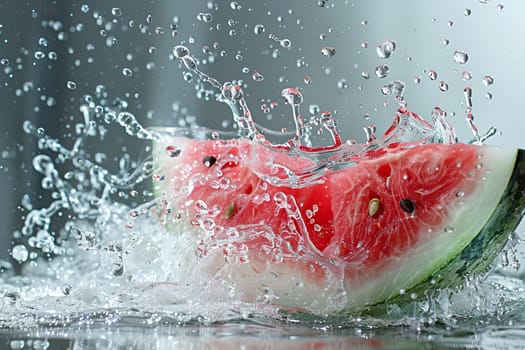 A piece of ripe watermelon with seeds with a splash of water.
