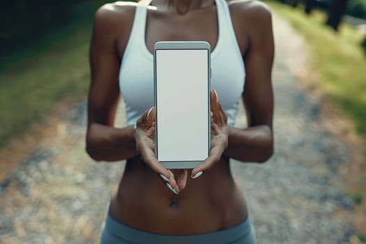 A slender dark-skinned woman in sportswear is holding a smartphone with a blank white screen.