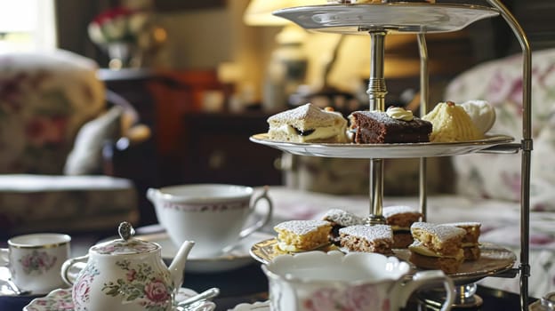 Elegant table setting for tea party with cakes and cupcakes in English manor. Selective focus. Vintage style