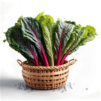 Swiss chard beta vulgaris rainbow stems leaves and chopped twirling above old wicker basket water. Food isolated on transparent background.