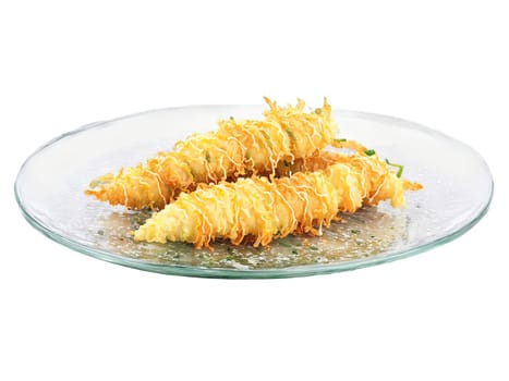 Vegetable Tempura with a light batter and dipping sauce served on a transparent glass plate. Food isolated on transparent background.