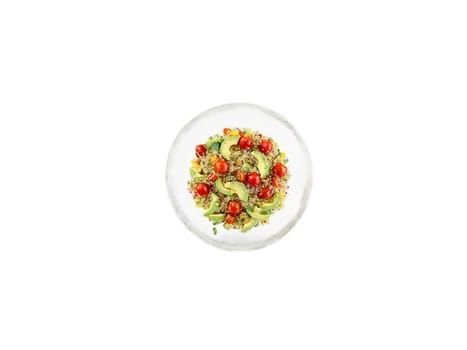 Quinoa Salad with avocado cherry tomatoes and lemon vinaigrette served in a transparent glass dish. Food isolated on transparent background.