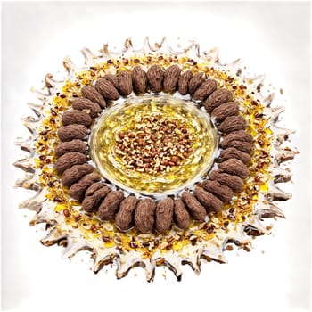 Truffle oil nut mix mandala floating truffle oil drizzled nuts truffle shavings Food and culinary. Food isolated on transparent background.