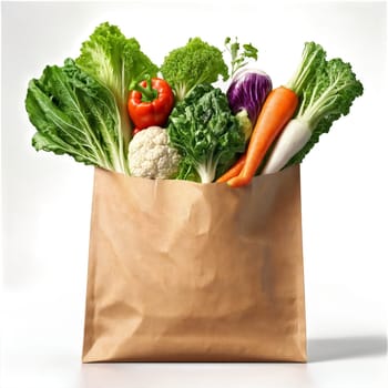 Biodegradable paper bag packed with crisp leafy greens with vegetables springing forth Food and Culinary. Food isolated on transparent background.