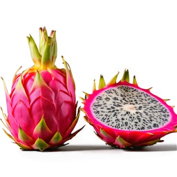 Dragonfruit exotic and vibrant with a bright pink scaly exterior and white seed speckled flesh. Food isolated on transparent background