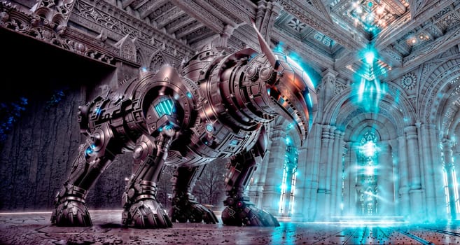 A mechanical beast of alien origin stands in an ancient gothic temple. concept art, space art. Generative AI