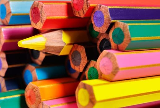 Colored  wooden pencils , yelloew pencil tip ,, back to school or office supply