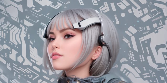 woman with gray hair wearing headphones and a gray jacket with a pattern of buildings behind her head,futuristic,cyberpunk art,retrofuturism. Generative AI