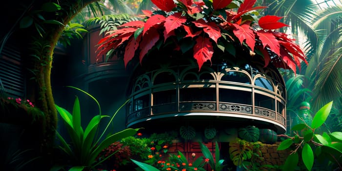 a red flower grows on a balcony in a tropical setting, surrounded by palm trees and other foliage, detailed painting, photorealism. Generative AI