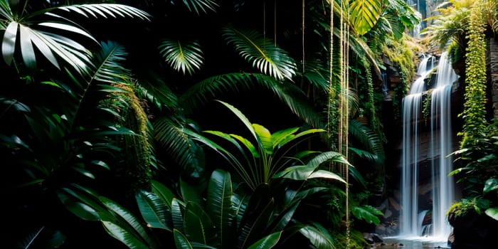 a waterfall surrounded by lush greenery and hanging plants in the background, a waterfall with a waterfall in the middle, jungle, still life, naturalism. Generative AI