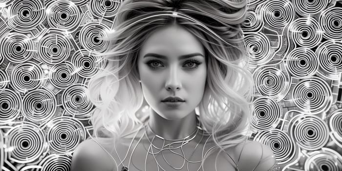 Woman with blonde hair and a necklace around her neck and a background of circles and circles in the background, psychedelic art. Generative AI