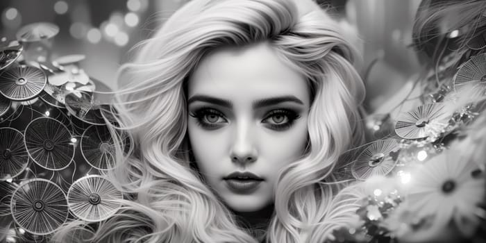 Woman with long blond hair and black eyes surrounded by flowers in black and white, on a black background, perfect face with realistic shades, photorealistic painting, photorealism. Generative AI