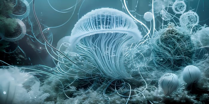 A group of sea animals floating in a sea of water with bubbles and algae at the bottom of the water, bioluminescence, microscopic photo. Generative AI