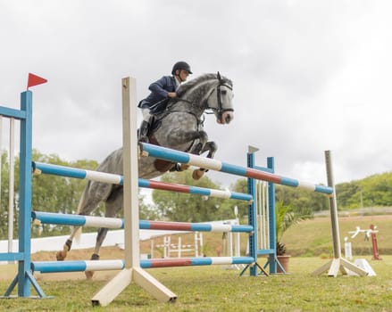 19 may 2024, Mafra, Portugal - competition in military academy - man is riding a horse over a blue, white and red jump