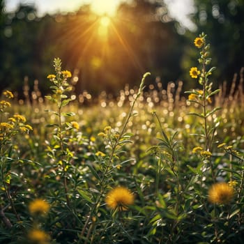 A clearing in the evening sun. There are wildflowers in the foreground, and the background blurs the side. High quality photo