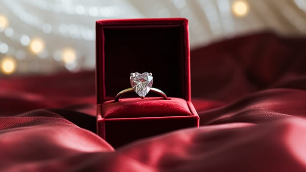 Jewellery, proposal and holiday gift, vintage diamond engagement ring in red velvet box, symbol of love, romance and commitment inspiration