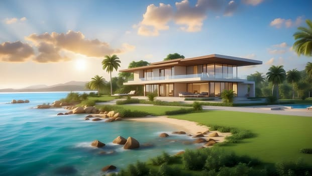 Luxurious beach house with sea views and a large garden in a modern style. Empty lawn with green grass in a holiday home