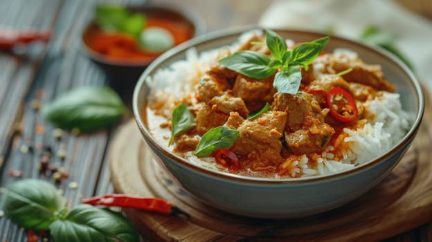 Bowl of curry pork and rice over wooden table outdoors,