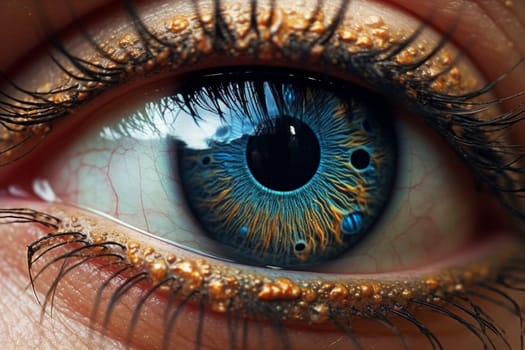 Blue orange human eye close up background. Amazing and fantastic concept. Generated AI.