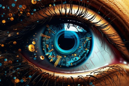 Amazing fantastic digital style eye. Stock illustration. Blue and gold colors. Generated AI.