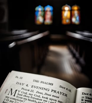 Evening Prayer Book In A Chapel Or Church, With Copy Space