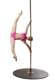 Smiling female gymnast poses during workout on pole