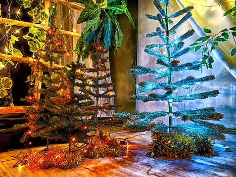 A room adorned with lush garlands and sparkling lights for holiday season. Festive Room Decorated With Christmas Garlands and Twinkling Lights