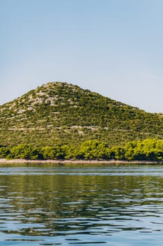 Summer landscape with pine trees on hill and rocky beach Dugi Otok island in Adriatic Sea, Croatia