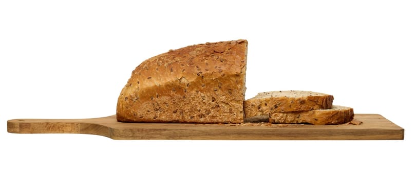 Sliced ​​white wheat flour bread with flax seeds on a wooden board, isolated background