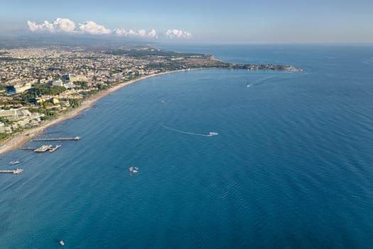 Aerial shot of Side, Turkey from a birds eye view at sunset in the afternoon