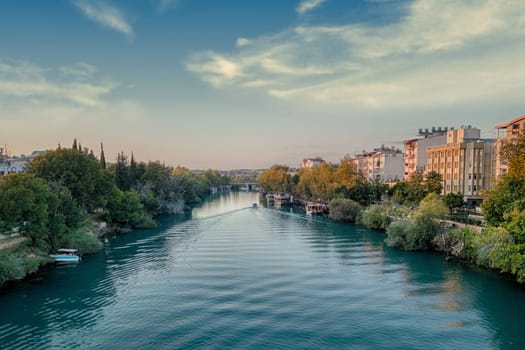 Manavgat town, Manavgat River, Old Bridge at sunset, in the evening light. Antalya region, Turkey.