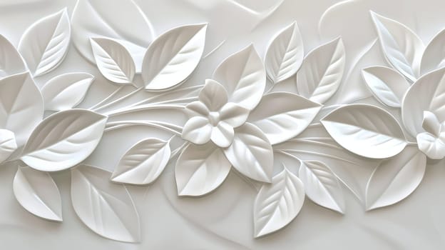 A close-up view of white ceramic floral and leaf relief artwork, showcasing intricate textures and shadows on a wall - Generative AI