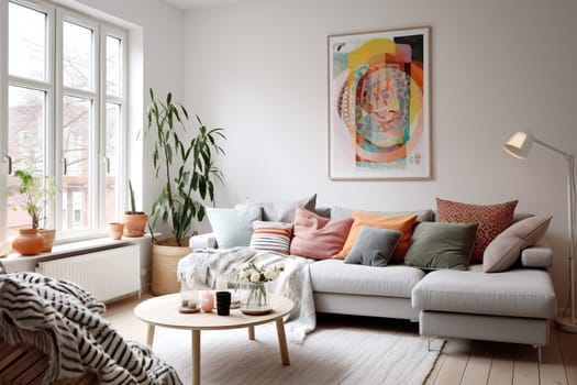 A warm and inviting living space featuring a neutral-toned sofa with colorful pillows, paired with a wooden coffee table and elegant wall art - Generative AI