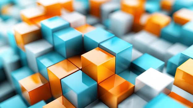 A multitude of three-dimensional blue and orange cubes create an endless, abstract mosaic with a shallow depth of field - Generative AI